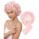 Satin Bonnet Silk Bonnet for Sleeping Silk Sleep Cap Double Layer Hair Bonnet with Elastic Tie Band for Curly Hair Night Cap (Apricot Powder+Champagne)